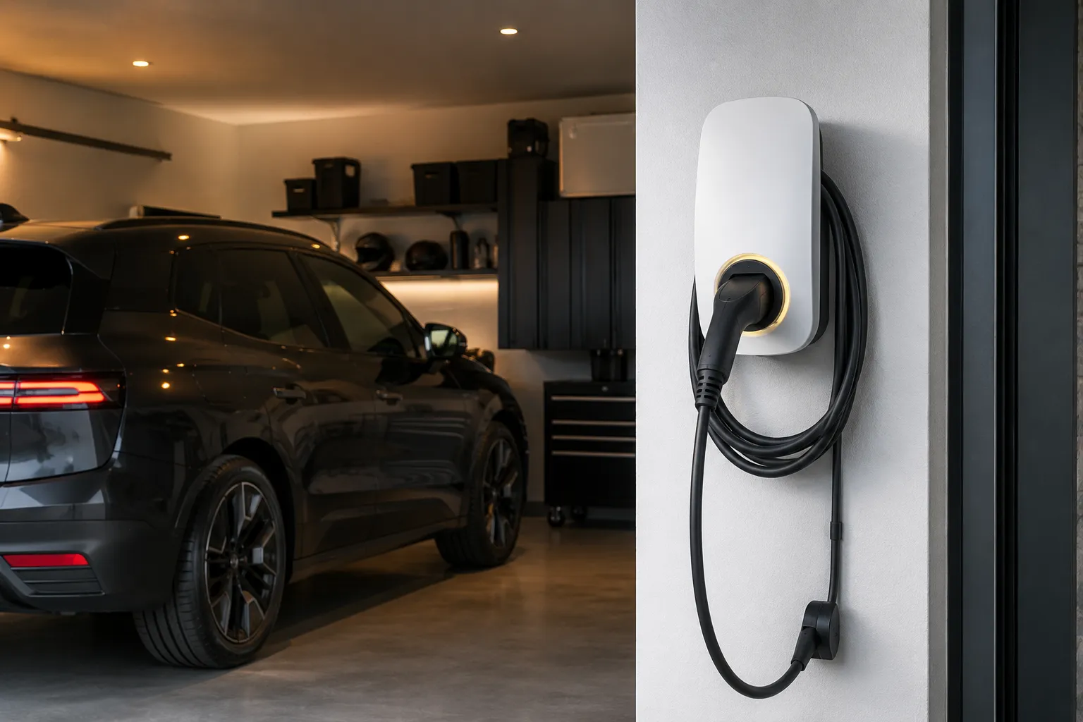 Wallbox an einer Garagenwand mit schwarzem E-Auto im Hintergrund