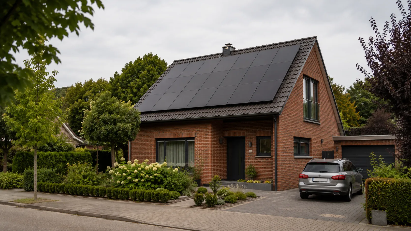 Einfamilienhaus mit schwarzer Photovoltaik-Anlage auf dem Satteldach in Emmerich am Rhein