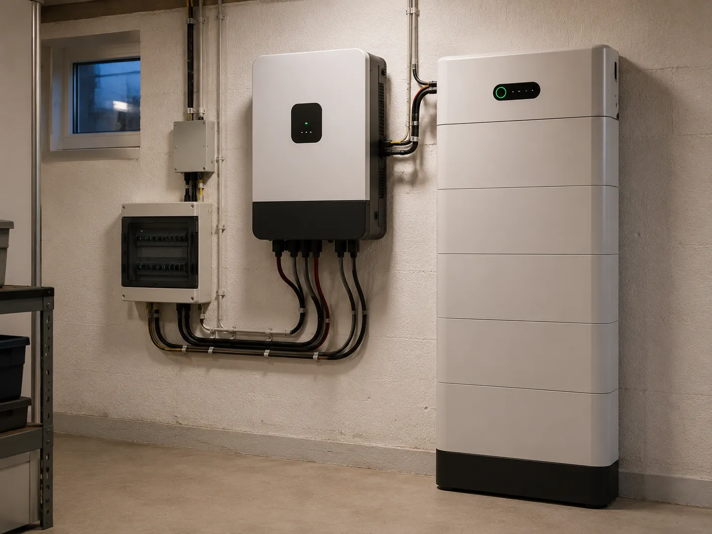Stromspeicher und Wechselrichter an einer Wand im Hauswirtschaftsraum