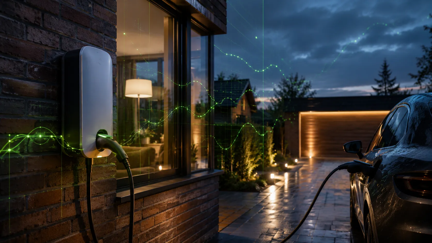Wallbox lädt E-Auto vor Wohnhaus mit visualisierten Energieflüssen — G2 Contracting