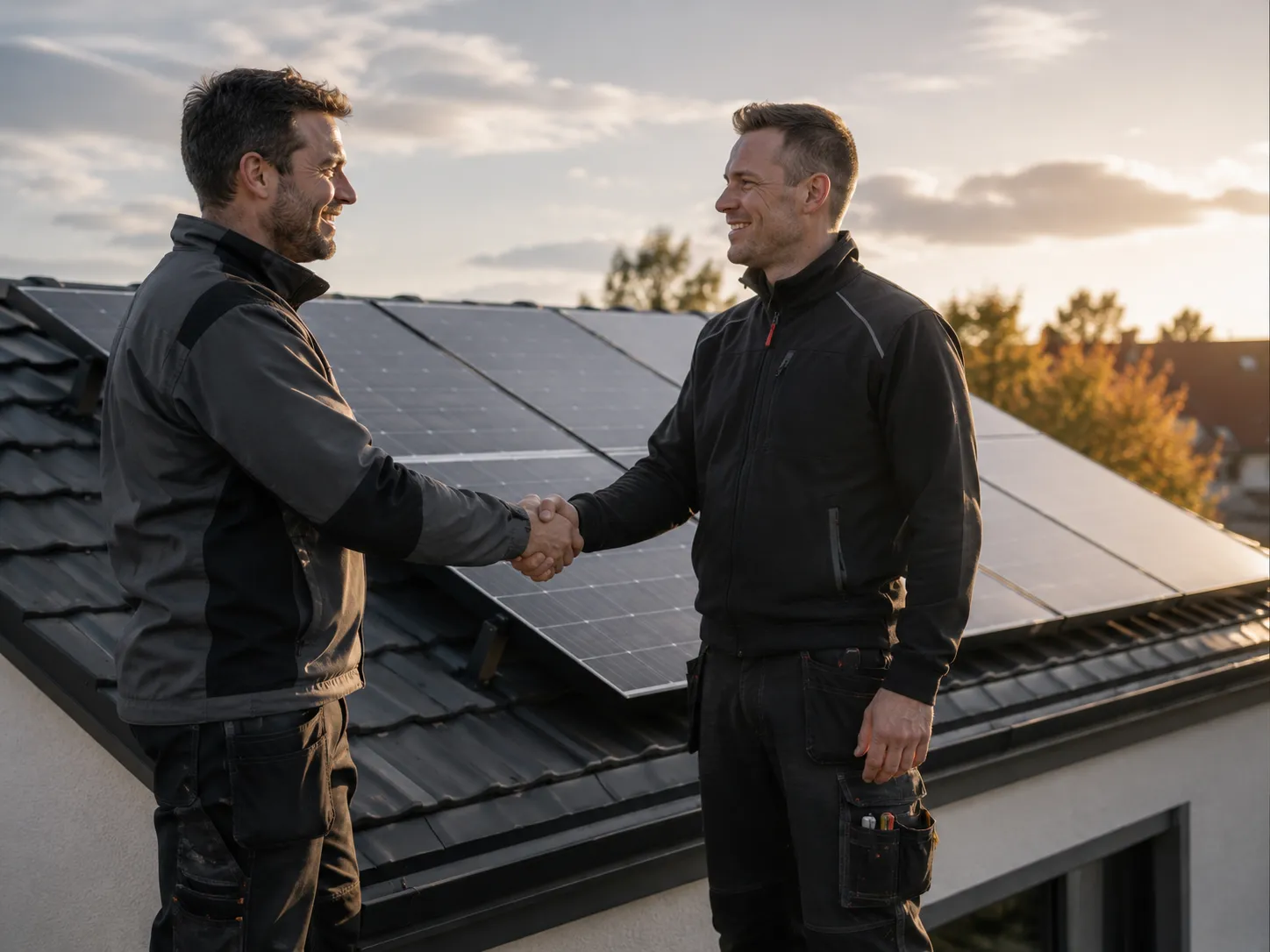 Handschlag auf dem Dach vor PV-Anlage — Zweering und G2 Contracting als Partner