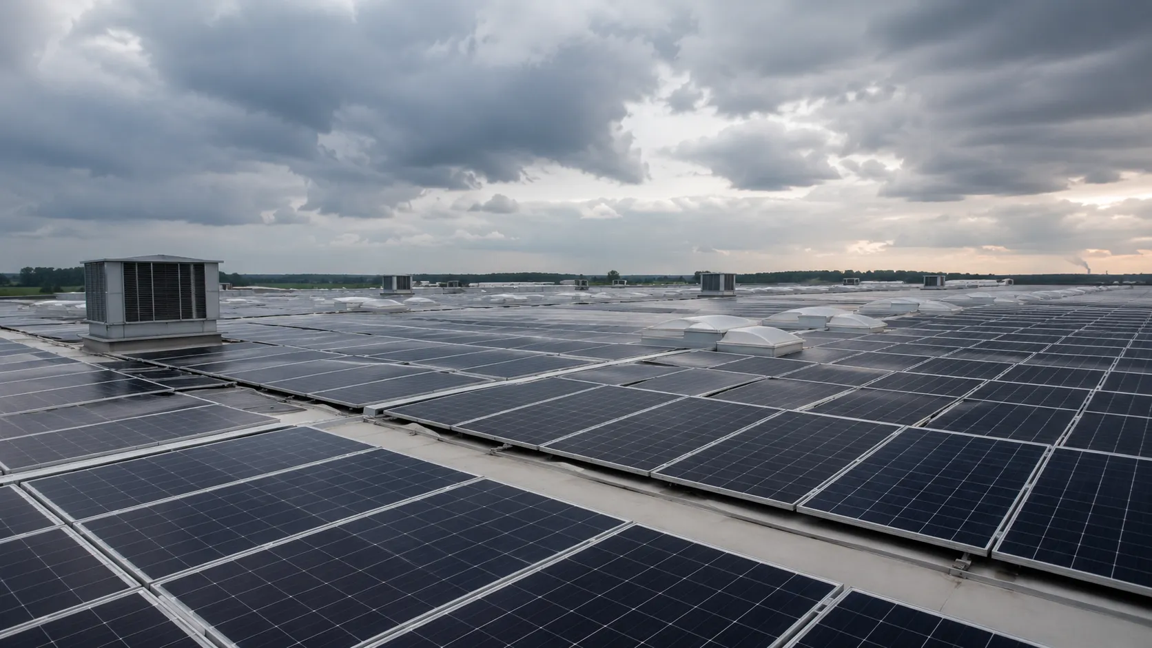 Gewerbedach mit Photovoltaik-Anlage und Klimaanlagen unter bewölktem Himmel