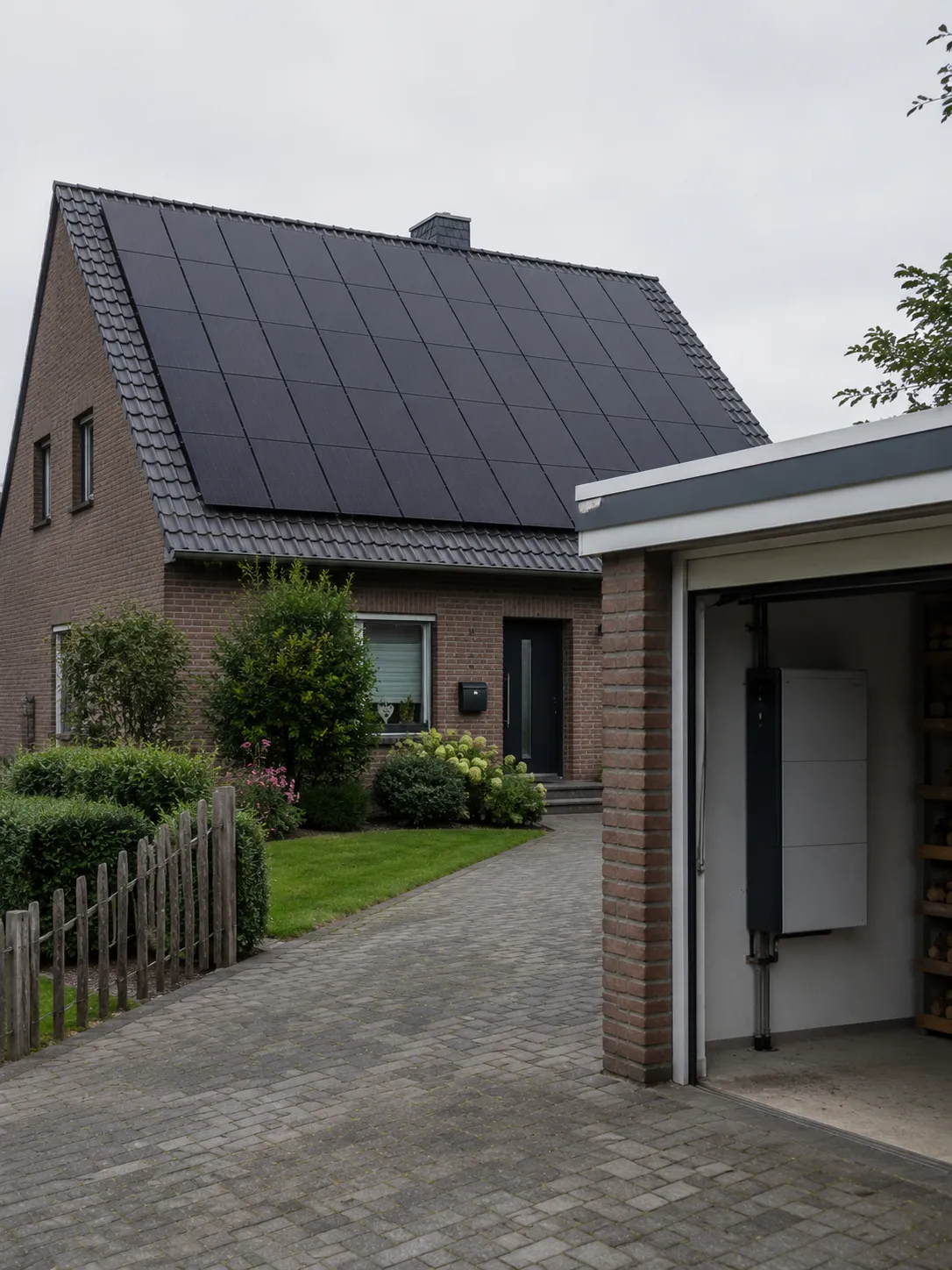Haus mit Photovoltaik-Anlage und Stromspeicher im Abendlicht