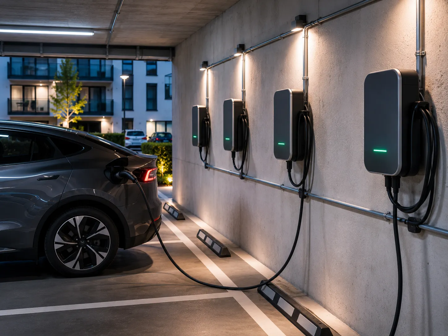 Reihe von Wallboxen in Tiefgarage eines Mehrfamilienhauses mit ladendem E-Auto
