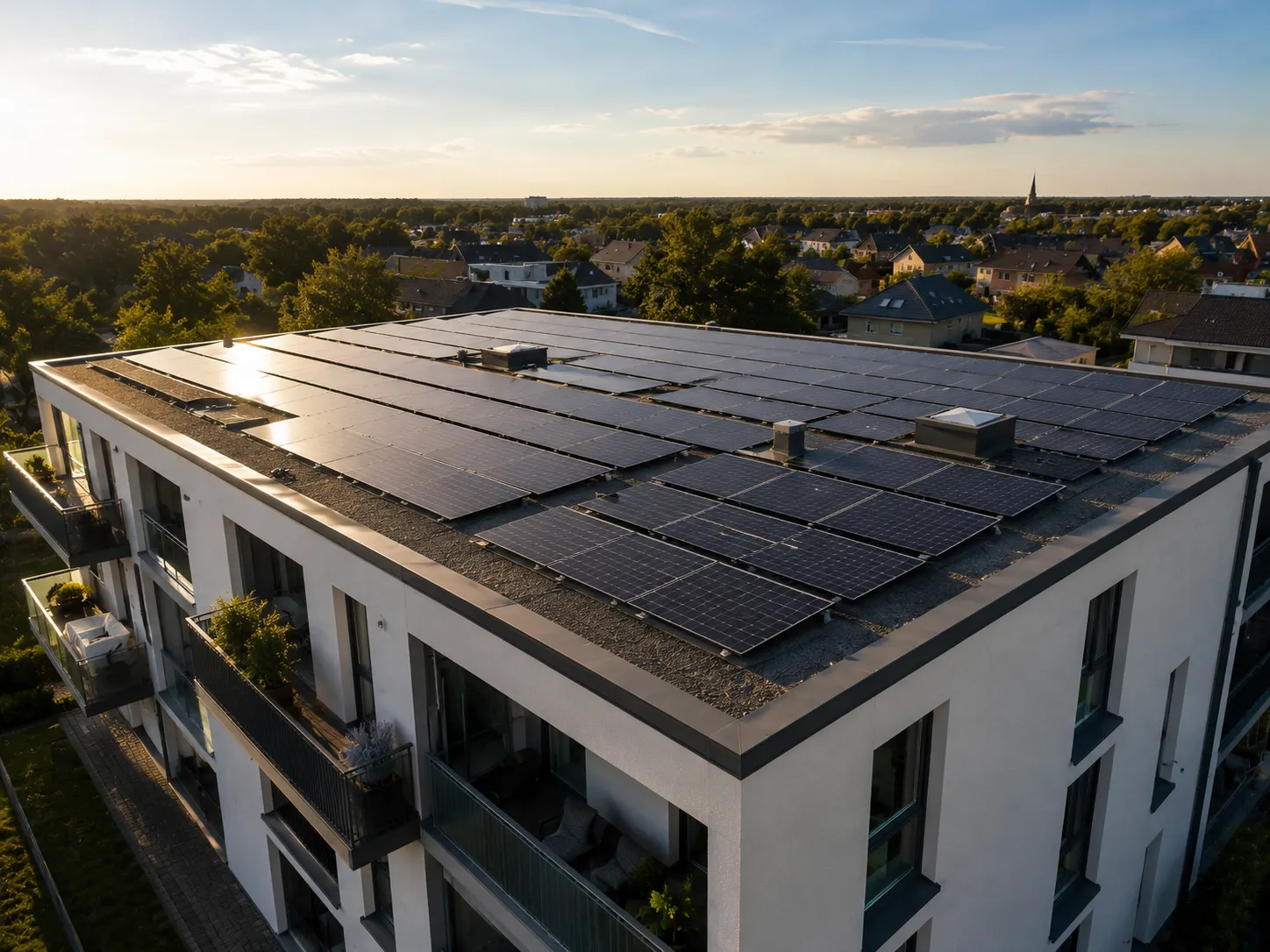 Mehrfamilienhaus mit Photovoltaik-Anlage auf Flachdach in Emmerich am Rhein bei Sonnenuntergang