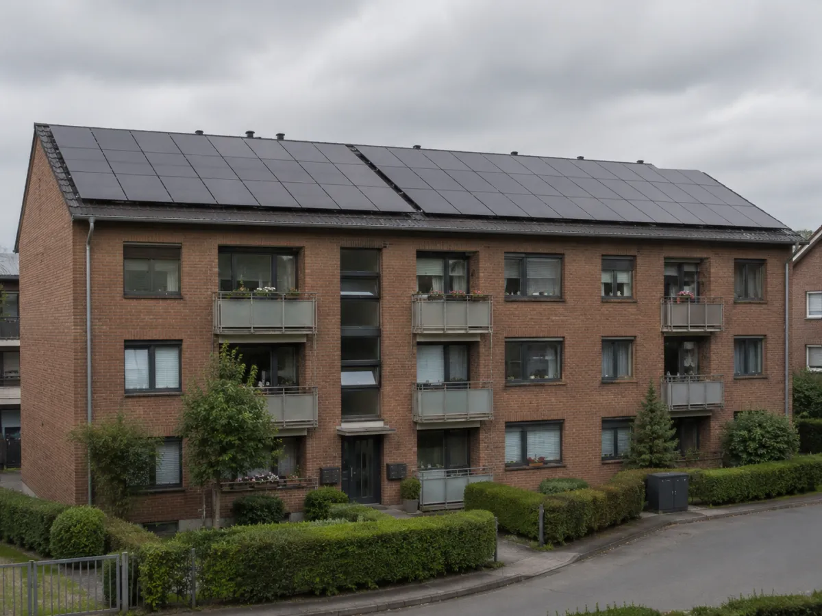 Modernes Mehrfamilienhaus mit Photovoltaik-Anlage auf dem Flachdach und Balkonen in der Abendsonne