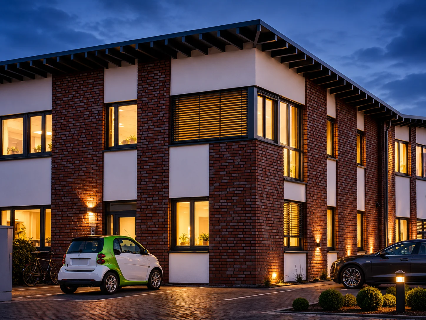 Firmengebäude von Zweering Elektrotechnik in Emmerich am Rhein – beleuchtete Backsteinfassade in der blauen Stunde mit Smart-Firmenfahrzeug auf dem Parkplatz