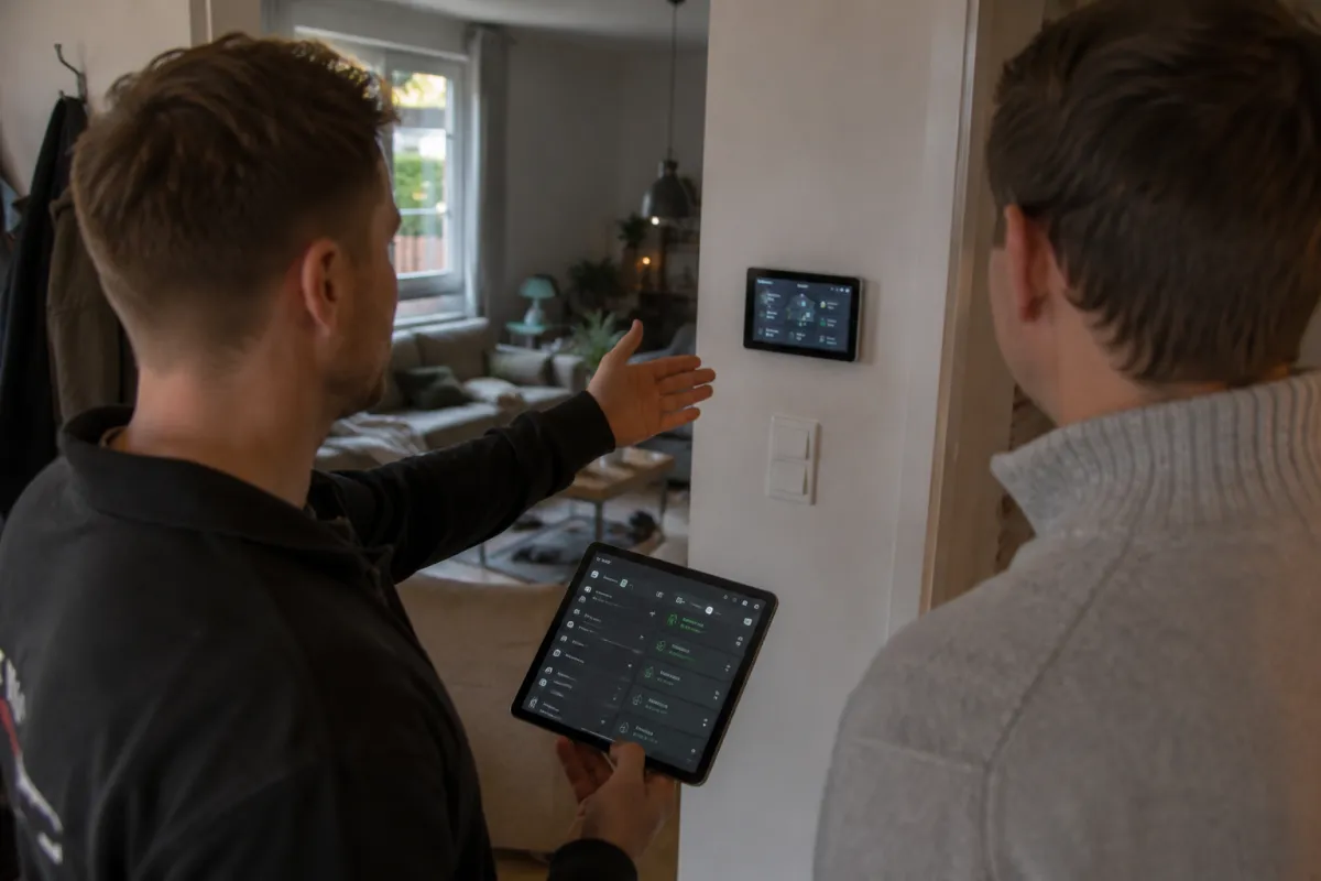 Smarte Türsprechanlage mit Kamera und Codetastatur an einer moderner Hauseingangsfassade