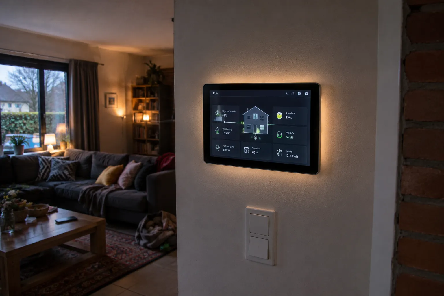 Helles, modernes Wohnzimmer mit Smart-Home-Wanddisplay, großem Sofa und Tageslicht