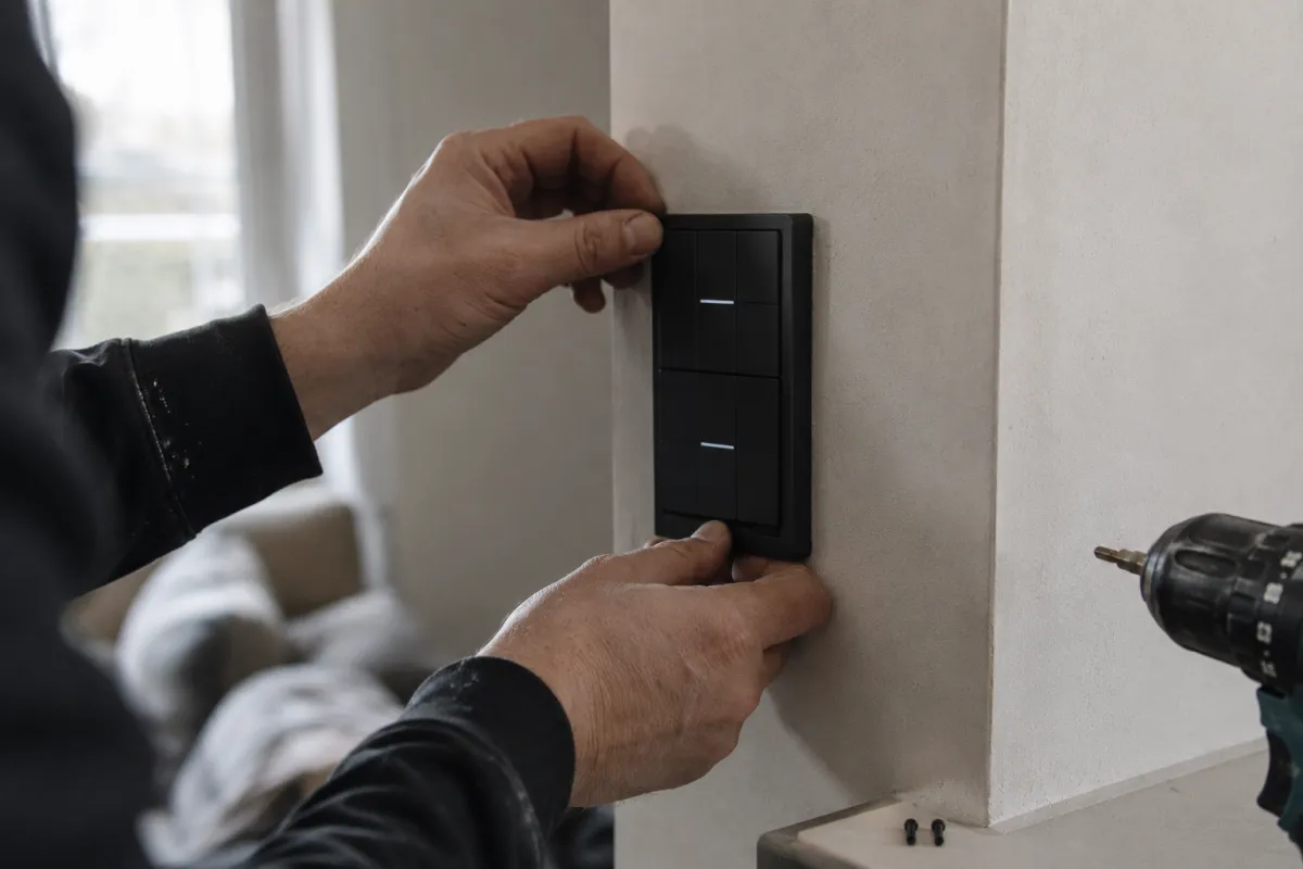Fachgerecht an der Wand installierter Wechselrichter mit Verteiler und sauber verlegten Kabeln