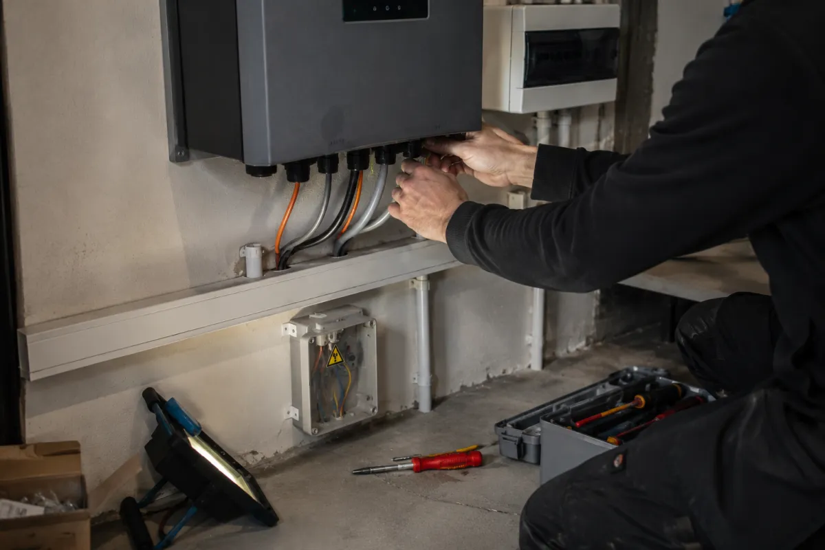 Montage eines Wechselrichters mit Kabelanschlüssen durch Zweering Elektrotechnik