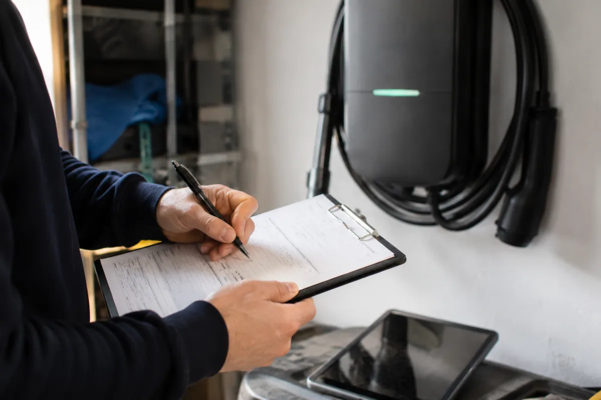 Anmeldeunterlagen für Wallbox beim Netzbetreiber auf Schreibtisch mit Laptop