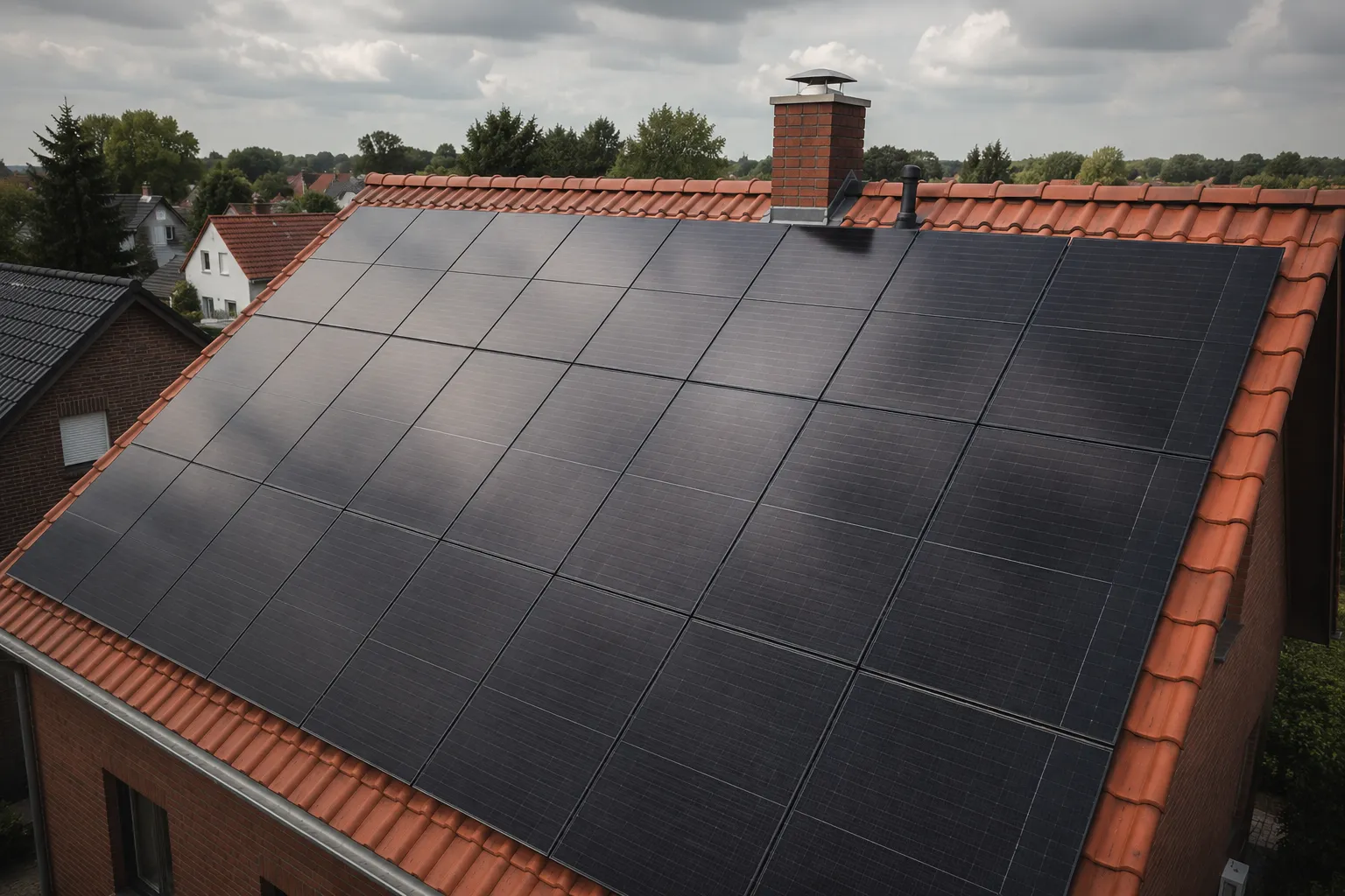 Photovoltaikanlage auf rotem Ziegeldach eines Einfamilienhauses in Emmerich am Rhein