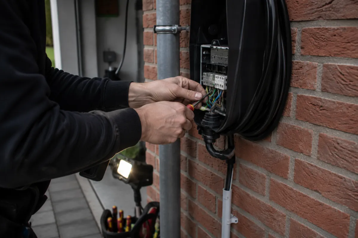 Elektro-Meister beim fachgerechten Anschluss einer Wallbox an der Hauswand durch Zweering Elektrotechnik
