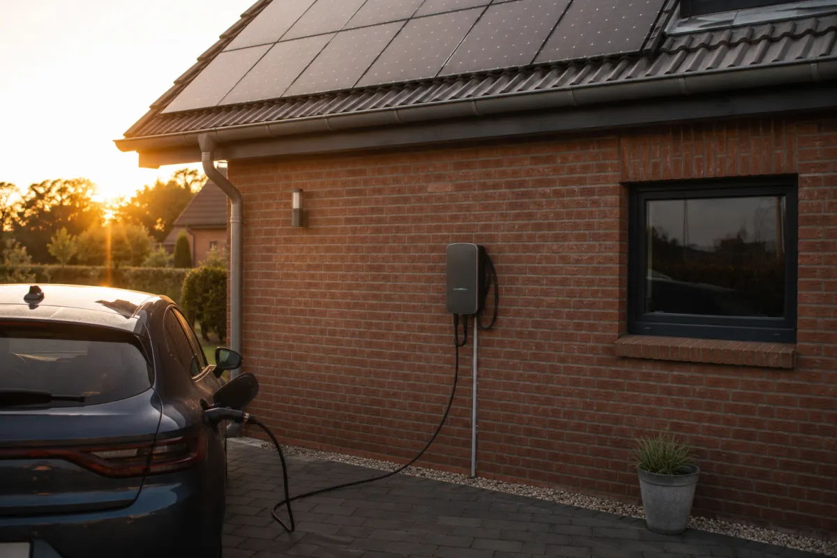 E-Auto lädt an Wallbox vor Einfamilienhaus mit PV-Anlage im Sonnenuntergang in Emmerich am Rhein